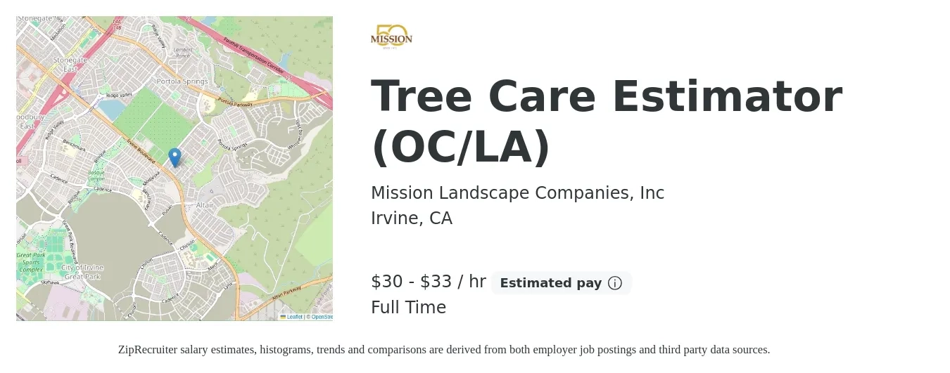 Mission Landscape Companies, Inc job posting for a Tree Care Estimator (OC/LA) in Irvine, CA with a salary of $66,560 to $72,800 Yearly with a map of Irvine location.