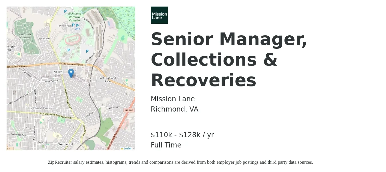 Mission Lane job posting for a Senior Manager, Collections & Recoveries in Richmond, VA with a salary of $110,000 to $128,000 Yearly with a map of Richmond location.