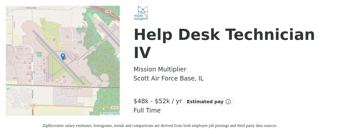 Mission Multiplier job posting for a Help Desk Technician IV in Scott Air Force Base, IL with a salary of $19 to $26 Hourly with a map of Scott Air Force Base location.