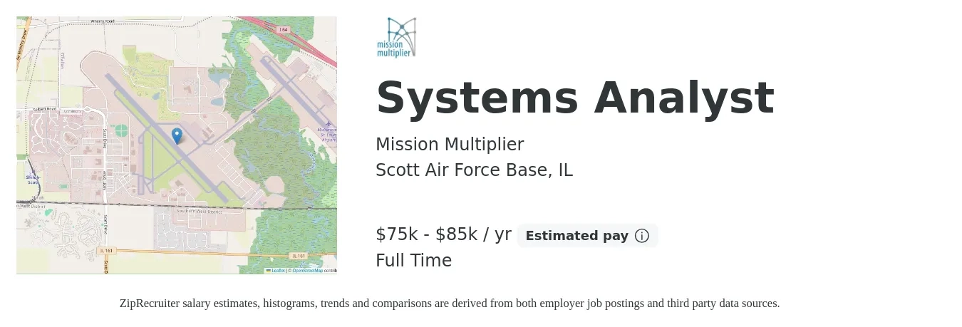 Mission Multiplier job posting for a Systems Analyst in Scott Air Force Base, IL with a salary of $75,000 to $85,000 Yearly with a map of Scott Air Force Base location.