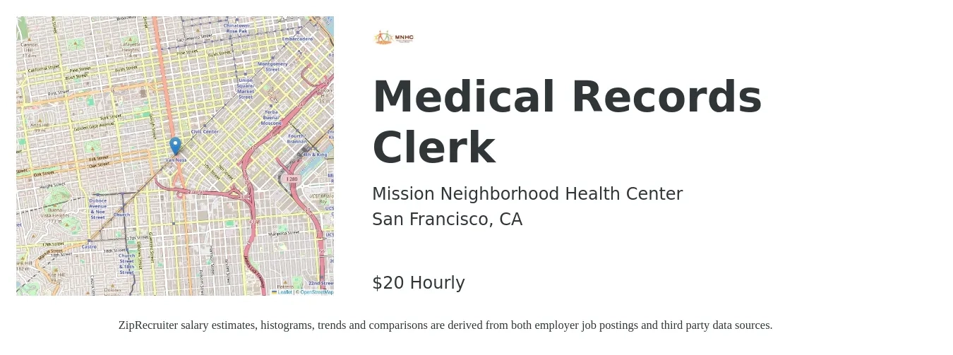 Mission Neighborhood Health Center job posting for a Medical Records Clerk in San Francisco, CA with a salary of $21 Hourly with a map of San Francisco location.