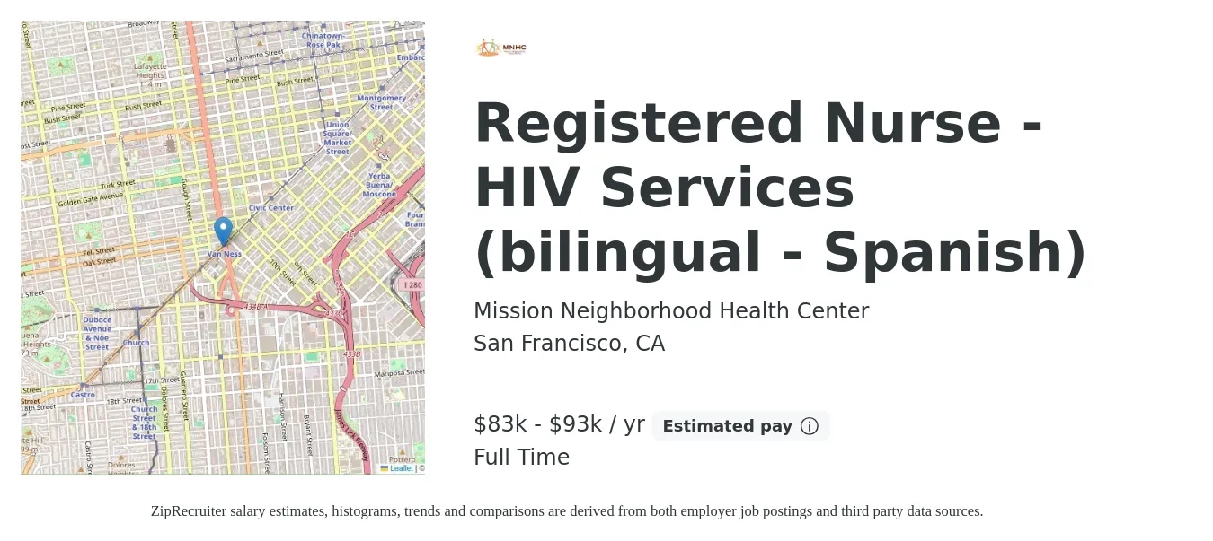 Mission Neighborhood Health Center job posting for a Registered Nurse - HIV Services (bilingual - Spanish) in San Francisco, CA with a salary of $83,000 to $93,000 Yearly with a map of San Francisco location.
