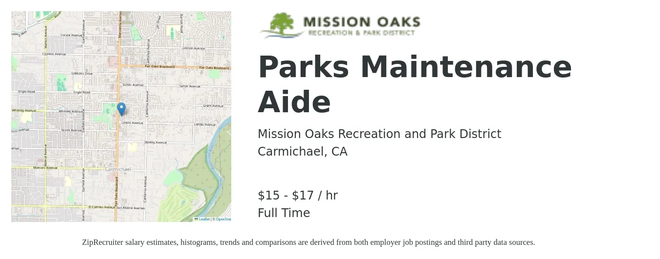 Mission Oaks Recreation and Park District job posting for a Parks Maintenance Aide in Carmichael, CA with a salary of $16 to $18 Hourly with a map of Carmichael location.