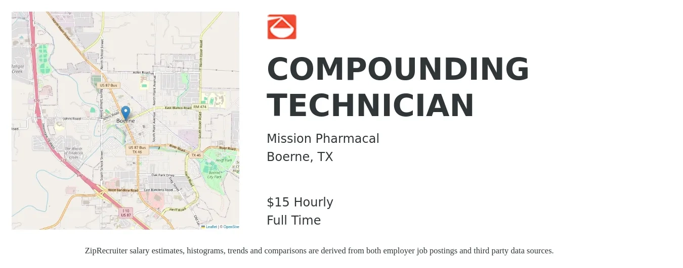 Mission Pharmacal job posting for a COMPOUNDING TECHNICIAN in Boerne, TX with a salary of $16 Hourly with a map of Boerne location.