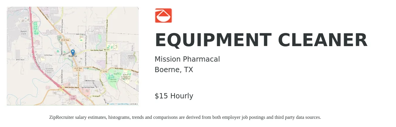 Mission Pharmacal job posting for a EQUIPMENT CLEANER in Boerne, TX with a salary of $16 Hourly with a map of Boerne location.