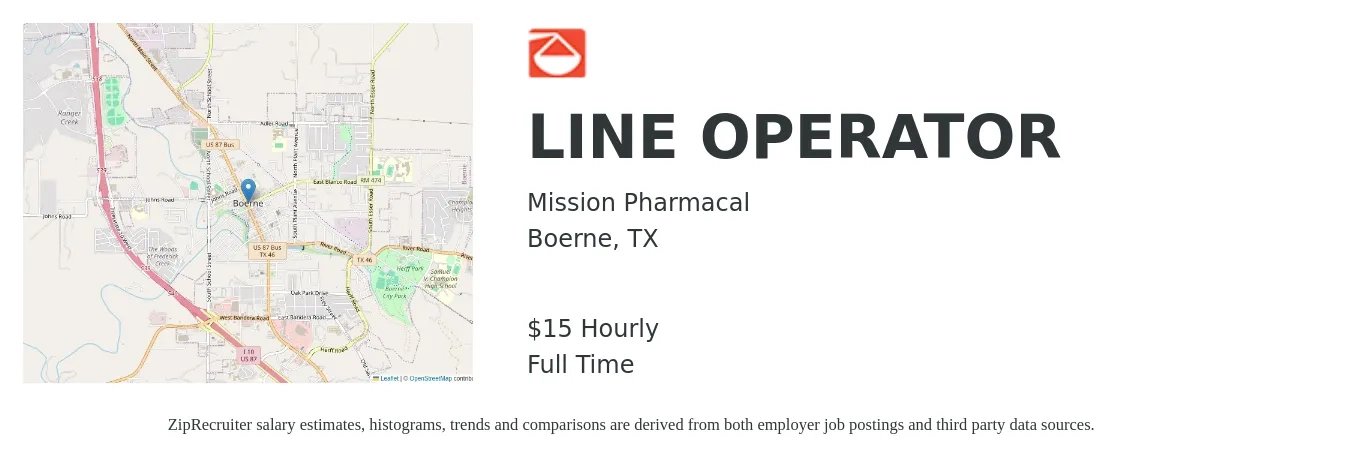 Mission Pharmacal job posting for a LINE OPERATOR in Boerne, TX with a salary of $16 Hourly with a map of Boerne location.