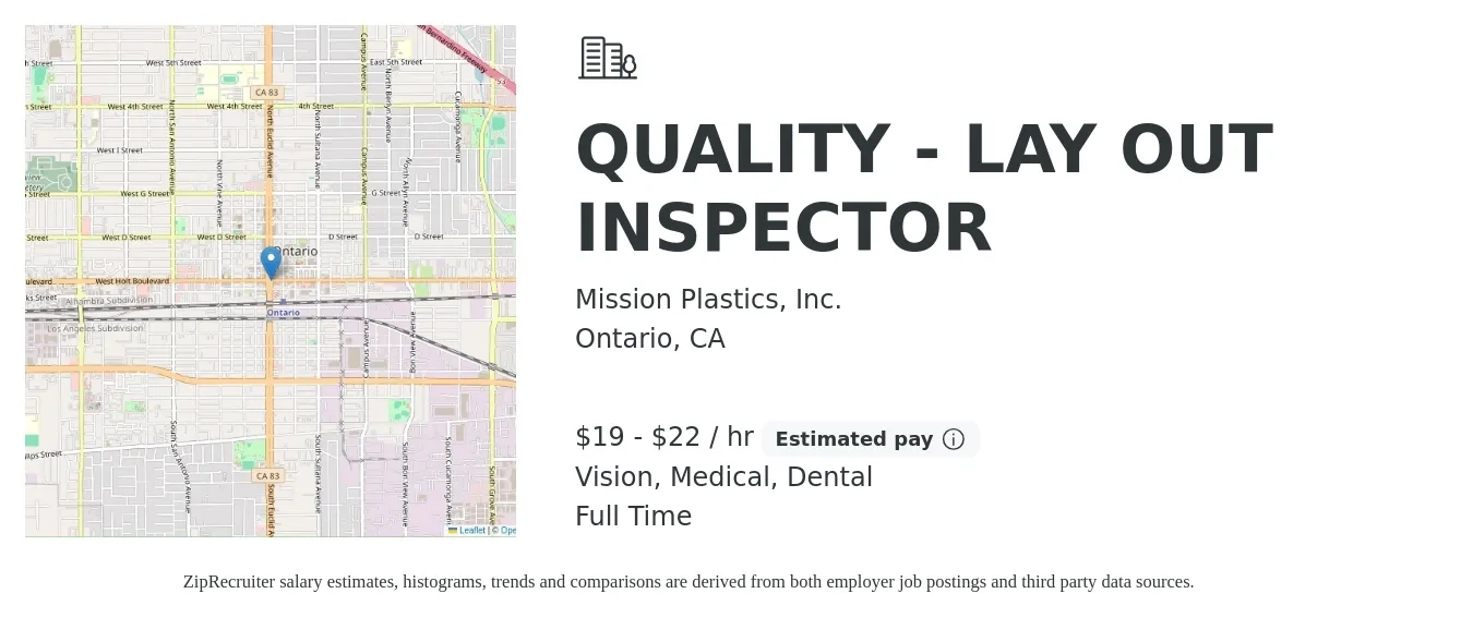 Mission Plastics, Inc. job posting for a QUALITY - LAY OUT INSPECTOR in Ontario, CA with a salary of $20 to $23 Hourly and benefits including retirement, vision, dental, life_insurance, and medical with a map of Ontario location.