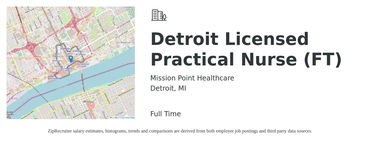 Mission Point Healthcare job posting for a Detroit Licensed Practical Nurse (FT) in Detroit, MI with a salary of $24 to $33 Hourly with a map of Detroit location.