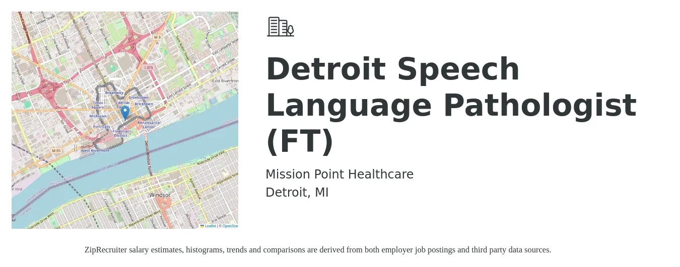 Mission Point Healthcare job posting for a Detroit Speech Language Pathologist (FT) in Detroit, MI with a salary of $37 to $50 Hourly with a map of Detroit location.