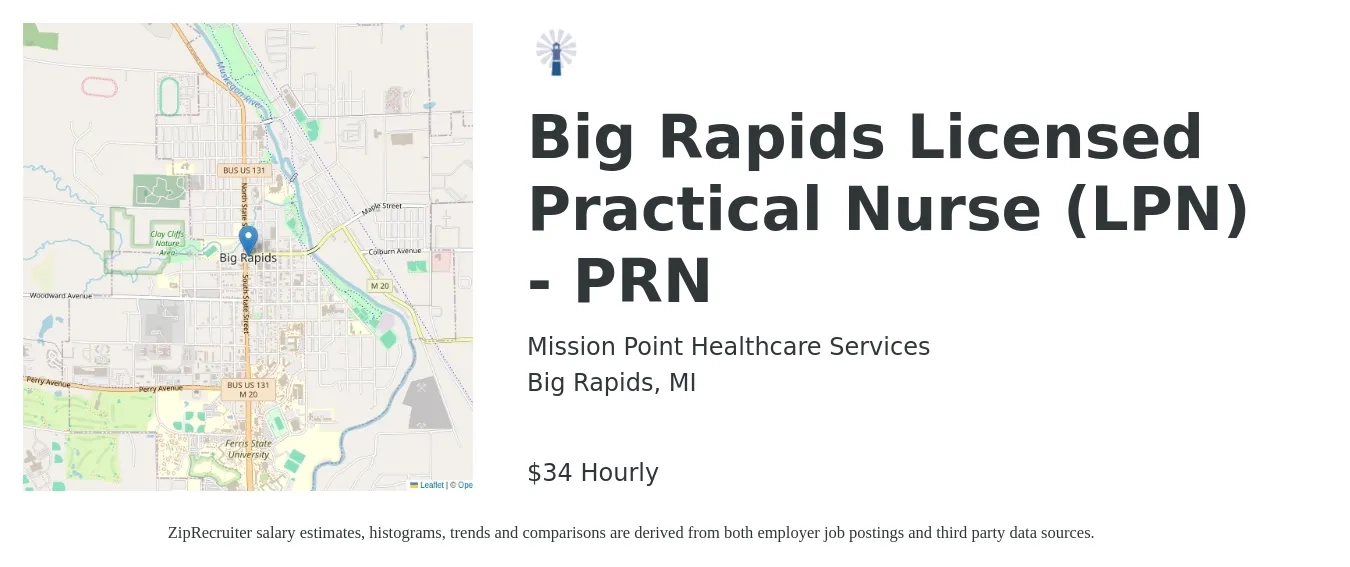Mission Point Healthcare Services job posting for a Big Rapids Licensed Practical Nurse (LPN) - PRN in Big Rapids, MI with a salary of $36 Hourly with a map of Big Rapids location.