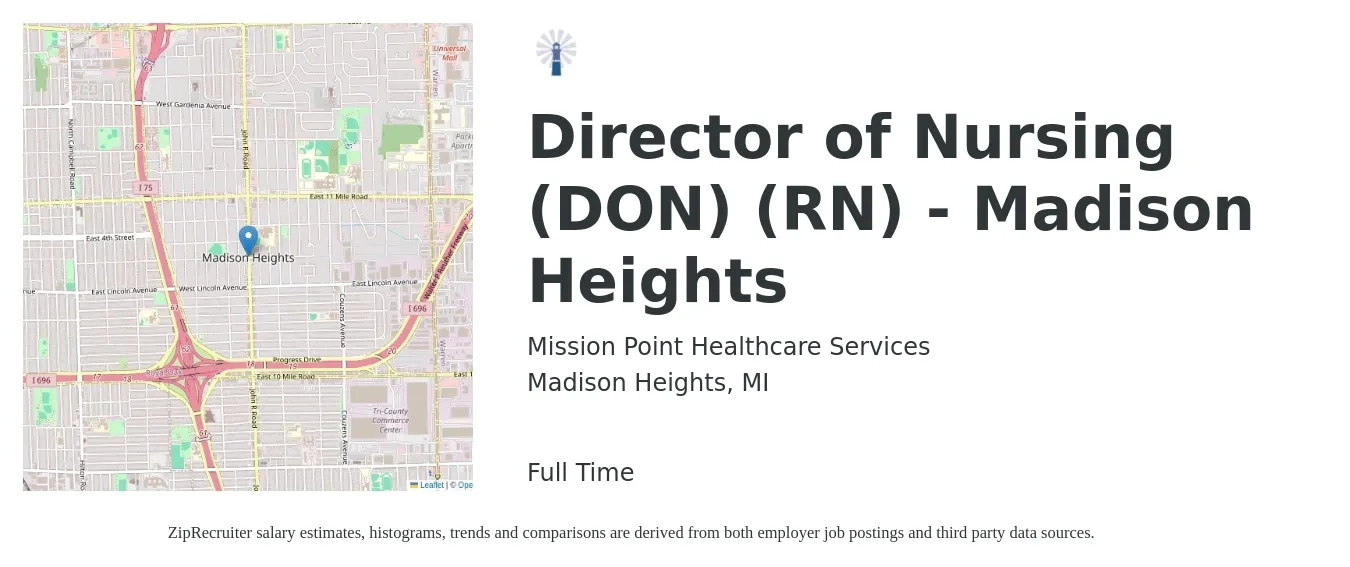 Mission Point Healthcare Services job posting for a Director of Nursing (DON) (RN) - Madison Heights in Madison Heights, MI with a salary of $4,800 Monthly with a map of Madison Heights location.