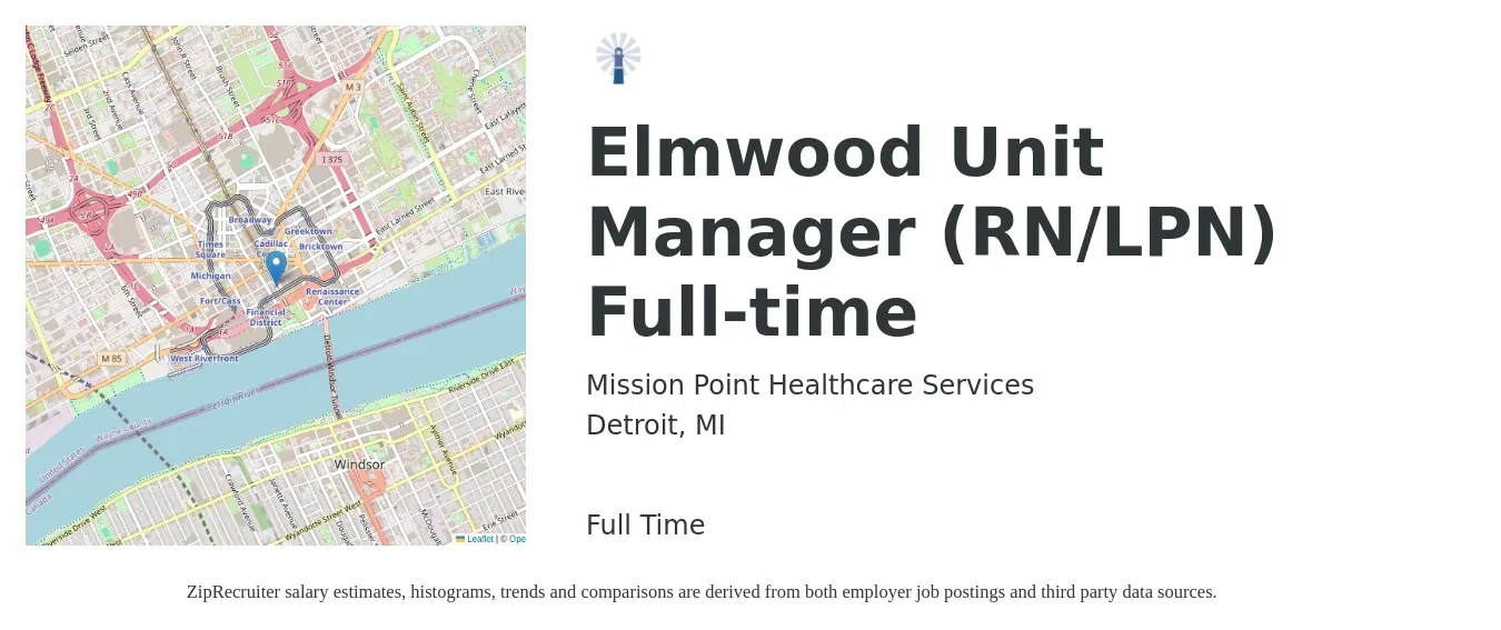 Mission Point Healthcare Services job posting for a Elmwood Unit Manager (RN/LPN) Full-time in Detroit, MI with a salary of $39 to $52 Hourly with a map of Detroit location.