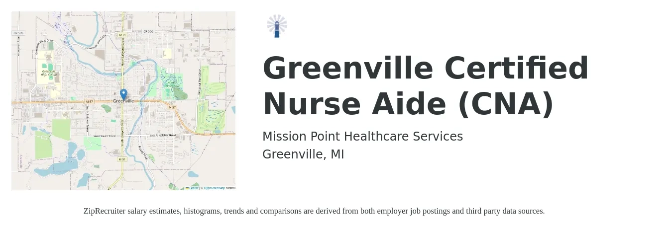 Mission Point Healthcare Services job posting for a Greenville Certified Nurse Aide (CNA) in Greenville, MI with a salary of $15 to $21 Hourly with a map of Greenville location.