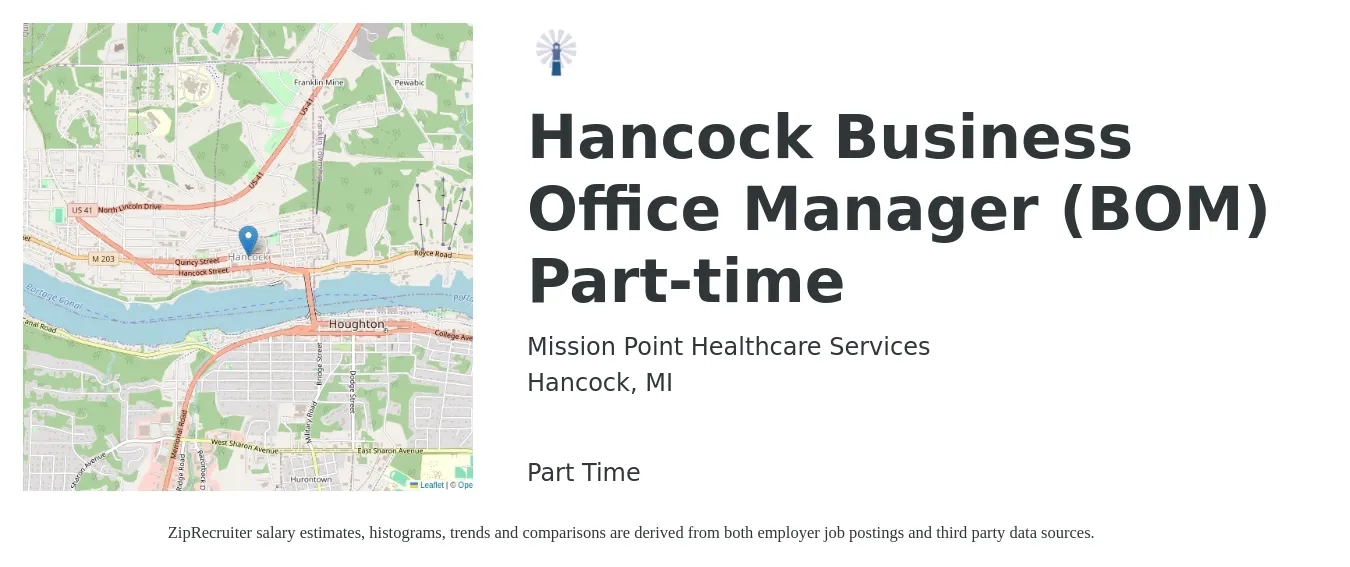 Mission Point Healthcare Services job posting for a Hancock Business Office Manager (BOM) Part-time in Hancock, MI with a salary of $20 to $28 Hourly with a map of Hancock location.