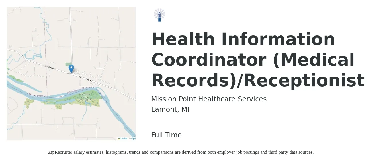 Mission Point Healthcare Services job posting for a Health Information Coordinator (Medical Records)/Receptionist in Lamont, MI with a salary of $16 to $21 Hourly with a map of Lamont location.