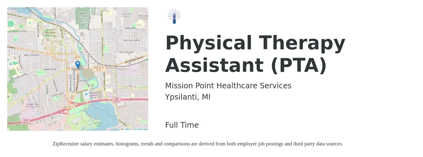 Mission Point Healthcare Services job posting for a Physical Therapy Assistant (PTA) in Ypsilanti, MI with a salary of $25 to $34 Hourly with a map of Ypsilanti location.