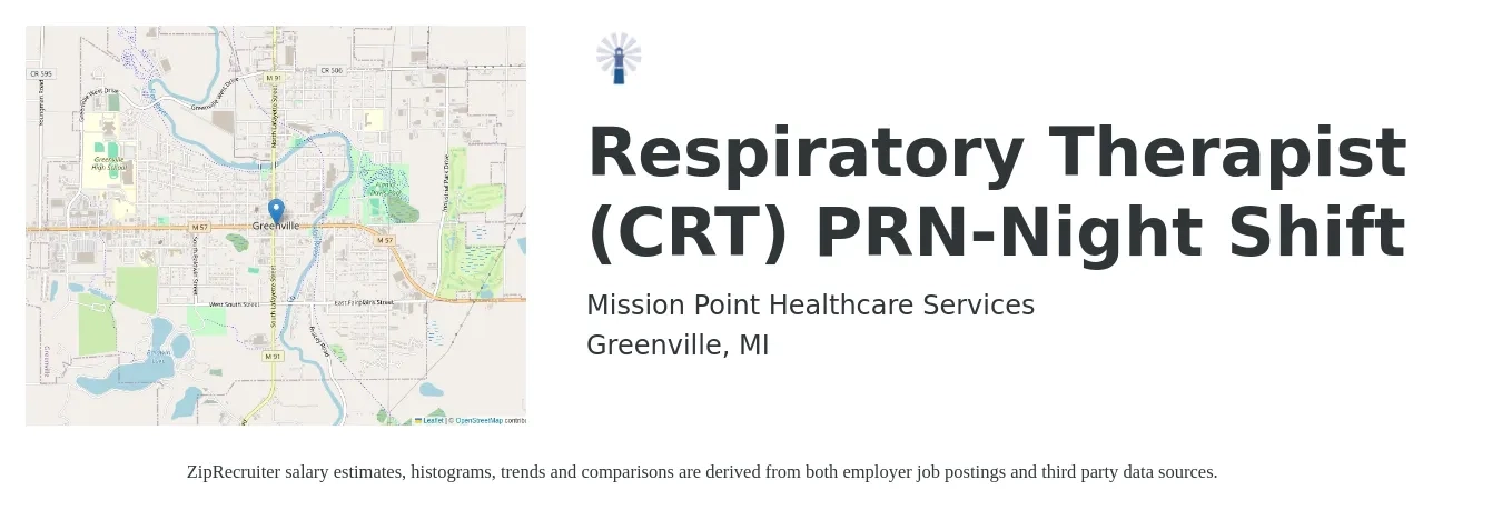 Mission Point Healthcare Services job posting for a Respiratory Therapist (CRT) PRN-Night Shift in Greenville, MI with a salary of $28 to $50 Hourly with a map of Greenville location.