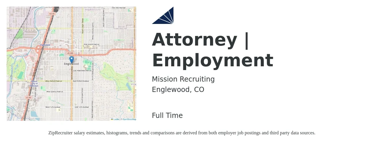 Mission Recruiting job posting for a Attorney | Employment in Englewood, CO with a salary of $102,700 to $138,200 Yearly with a map of Englewood location.
