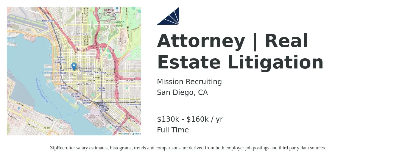 Mission Recruiting job posting for a Attorney | Real Estate Litigation in San Diego, CA with a salary of $130,000 to $160,000 Yearly with a map of San Diego location.