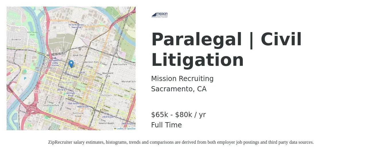 Mission Recruiting job posting for a Paralegal | Civil Litigation in Sacramento, CA with a salary of $65,000 to $80,000 Yearly with a map of Sacramento location.