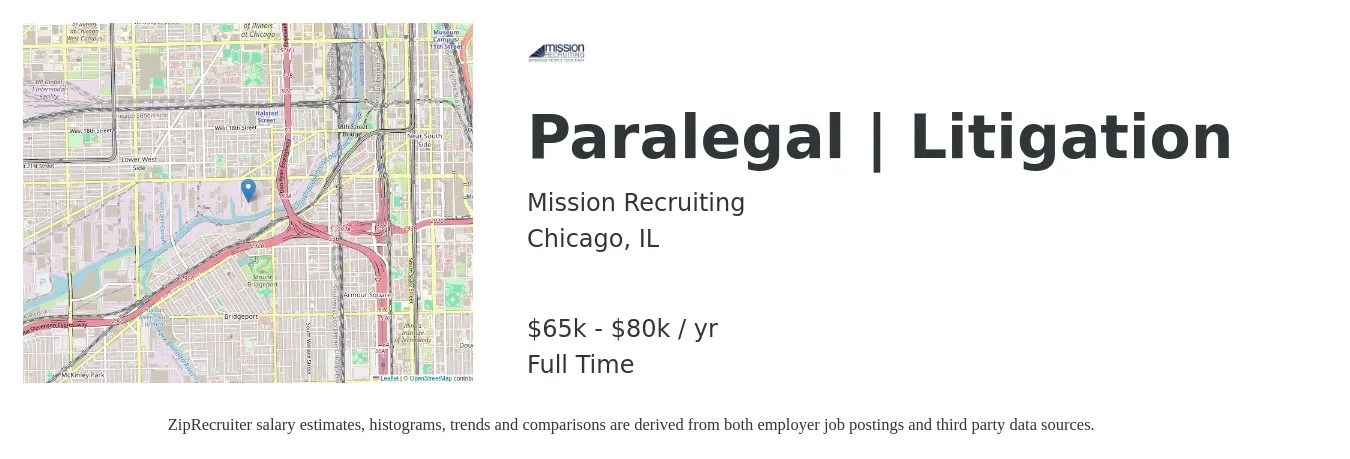 Mission Recruiting job posting for a Paralegal | Litigation in Chicago, IL with a salary of $65,000 to $80,000 Yearly with a map of Chicago location.