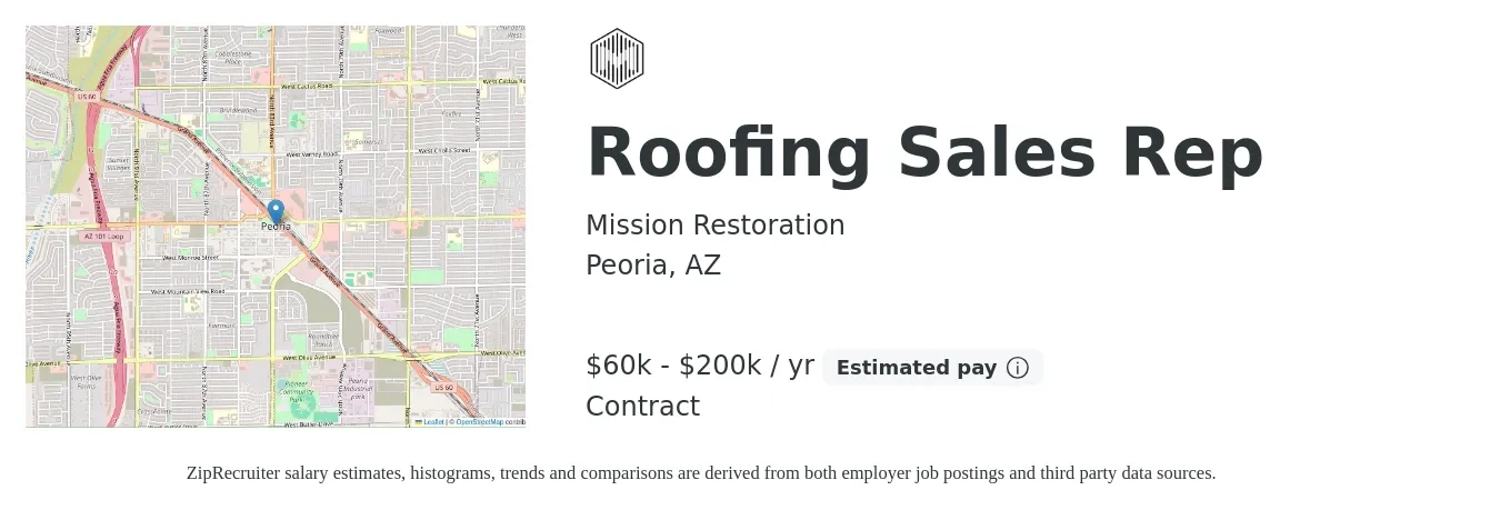 Mission Restoration job posting for a Roofing Sales Rep in Peoria, AZ with a salary of $60,000 to $200,000 Yearly with a map of Peoria location.