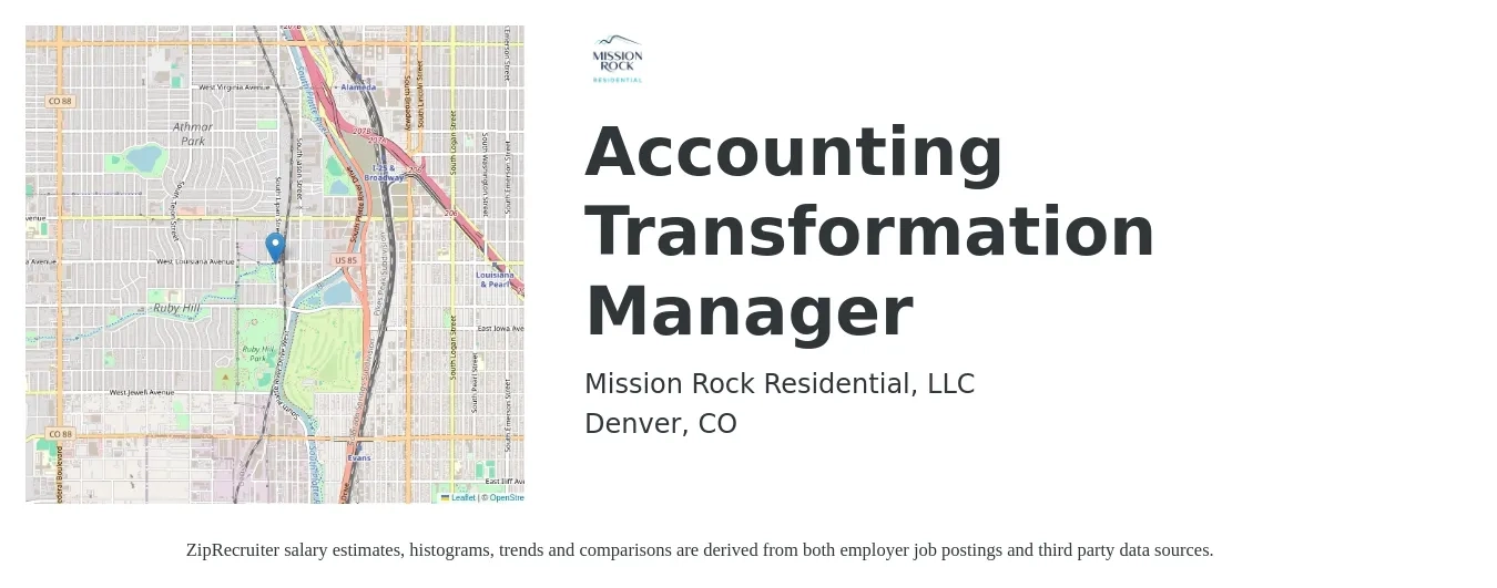 Mission Rock Residential job posting for a Accounting Transformation Manager in Denver, CO with a salary of $80,300 to $115,300 Yearly with a map of Denver location.