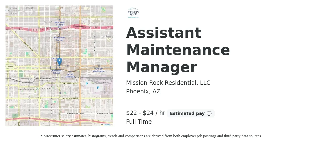 Mission Rock Residential, LLC job posting for a Assistant Maintenance Manager in Phoenix, AZ with a salary of $22 to $24 Hourly with a map of Phoenix location.