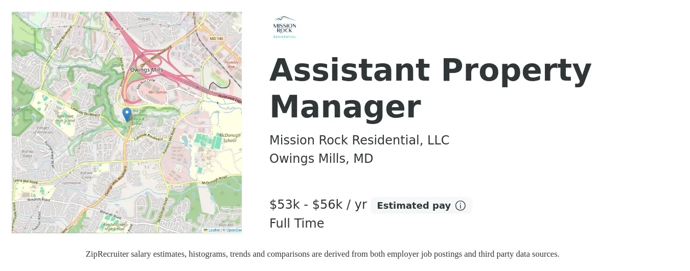Mission Rock Residential, LLC job posting for a Assistant Property Manager in Owings Mills, MD with a salary of $53,000 to $56,000 Yearly with a map of Owings Mills location.