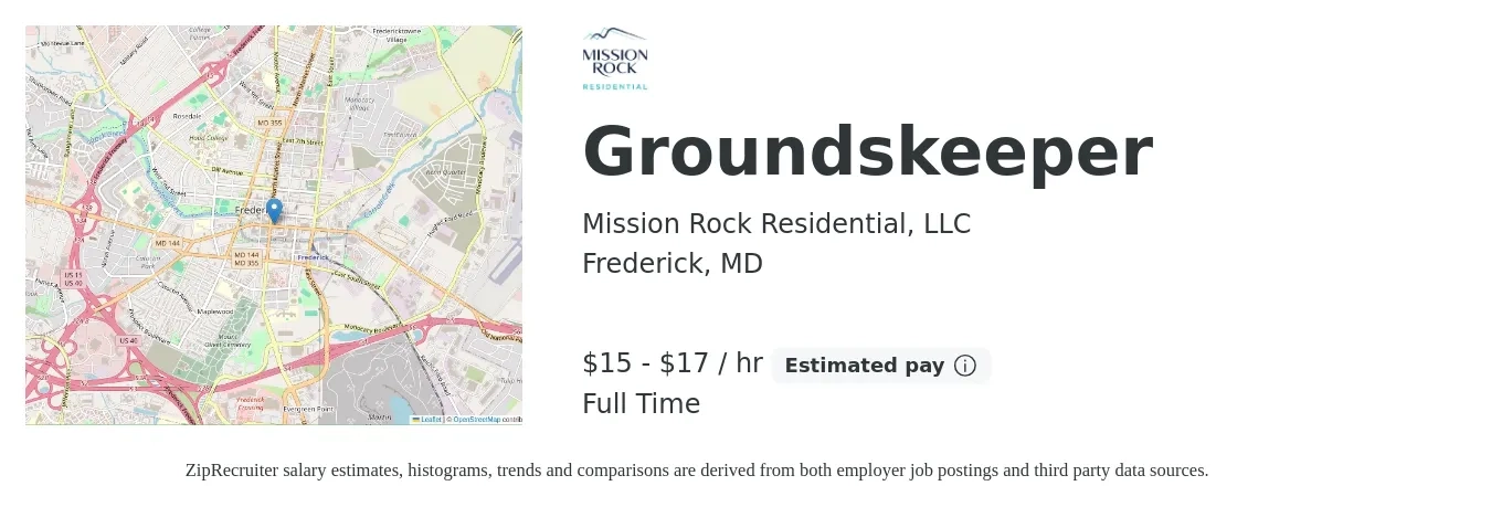 Mission Rock Residential, LLC job posting for a Groundskeeper in Frederick, MD with a salary of $17 to $18 Hourly with a map of Frederick location.