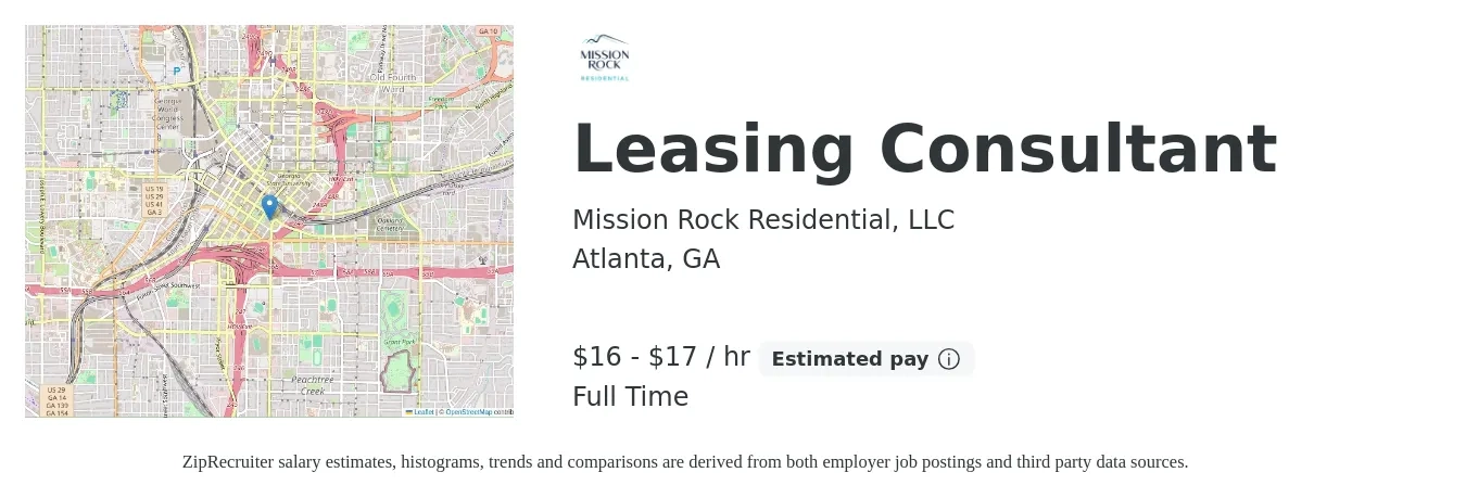 Mission Rock Residential, LLC job posting for a Leasing Consultant in Atlanta, GA with a salary of $17 to $19 Hourly with a map of Atlanta location.