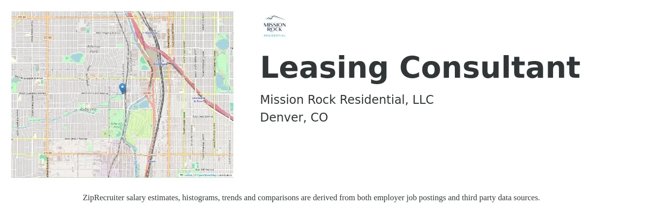 Mission Rock Residential, LLC job posting for a Leasing Consultant in Denver, CO with a salary of $19 to $21 Hourly with a map of Denver location.