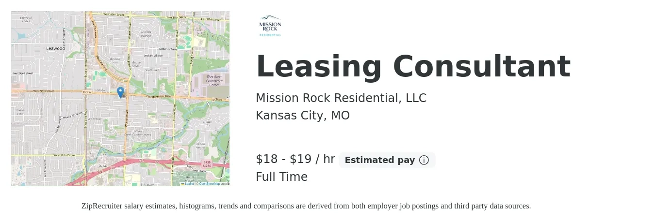 Mission Rock Residential, LLC job posting for a Leasing Consultant in Kansas City, MO with a salary of $20 to $21 Hourly with a map of Kansas City location.