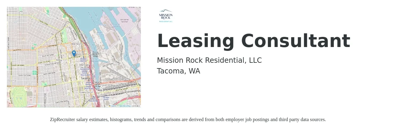Mission Rock Residential, LLC job posting for a Leasing Consultant in Tacoma, WA with a salary of $18 to $20 Hourly with a map of Tacoma location.