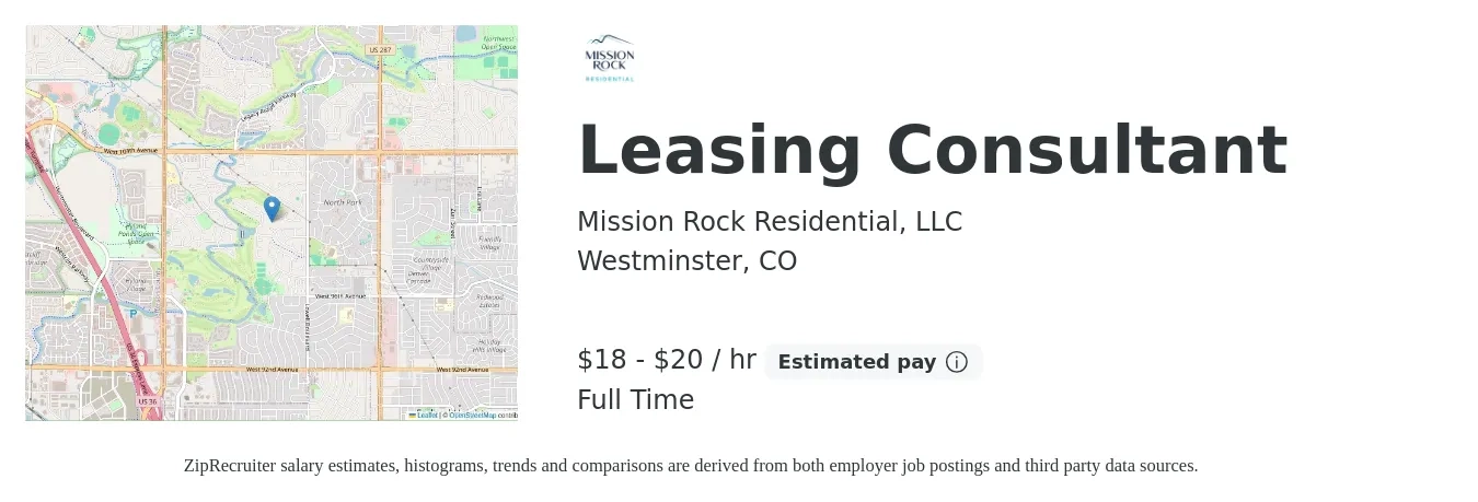 Mission Rock Residential, LLC job posting for a Leasing Consultant in Westminster, CO with a salary of $19 to $21 Hourly with a map of Westminster location.