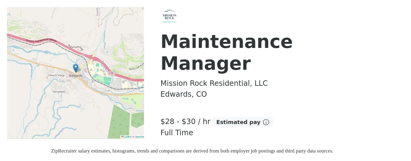 Mission Rock Residential, LLC job posting for a Maintenance Manager in Edwards, CO with a salary of $26 to $28 Hourly with a map of Edwards location.