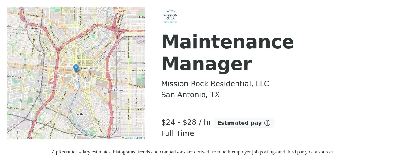 Mission Rock Residential, LLC job posting for a Maintenance Manager in San Antonio, TX with a salary of $25 to $30 Hourly with a map of San Antonio location.