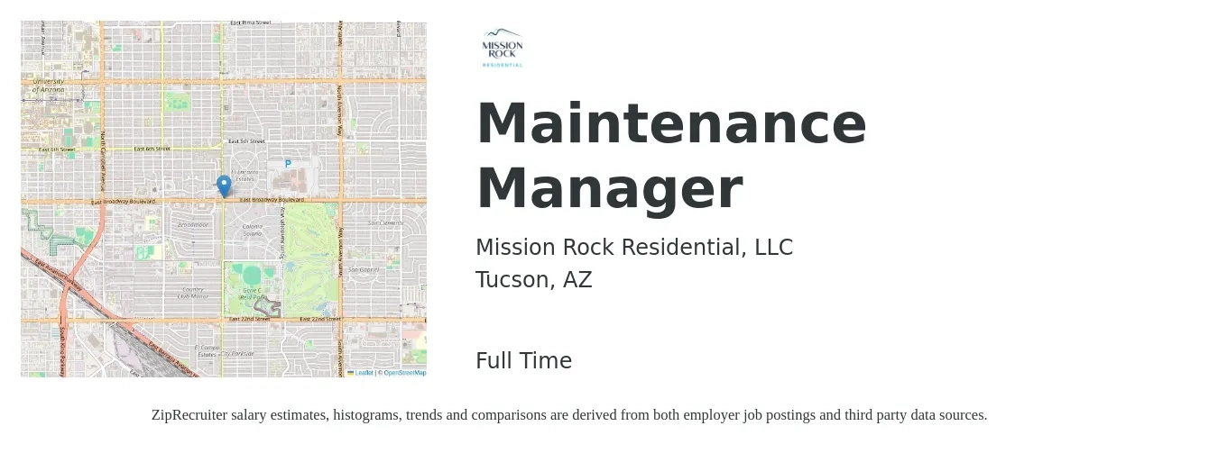Mission Rock Residential, LLC job posting for a Maintenance Manager in Tucson, AZ with a salary of $26 to $30 Hourly with a map of Tucson location.