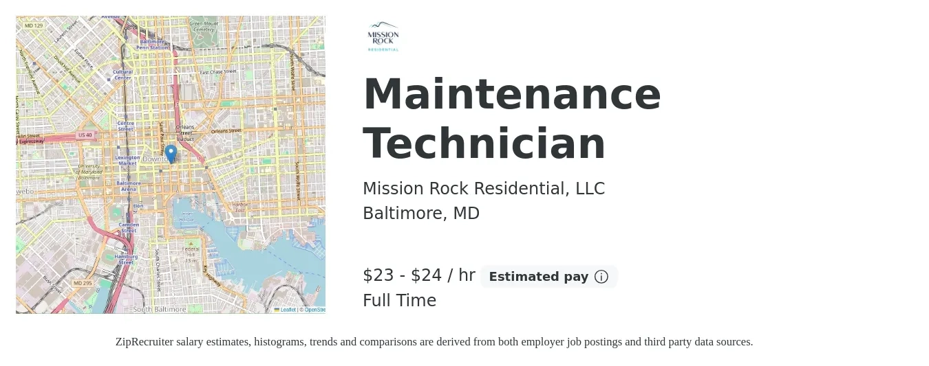 Mission Rock Residential, LLC job posting for a Maintenance Technician in Baltimore, MD with a salary of $24 to $25 Hourly with a map of Baltimore location.