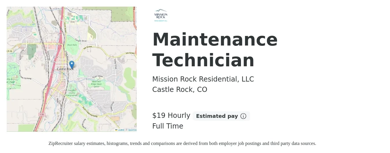 Mission Rock Residential, LLC job posting for a Maintenance Technician in Castle Rock, CO with a salary of $20 Hourly with a map of Castle Rock location.