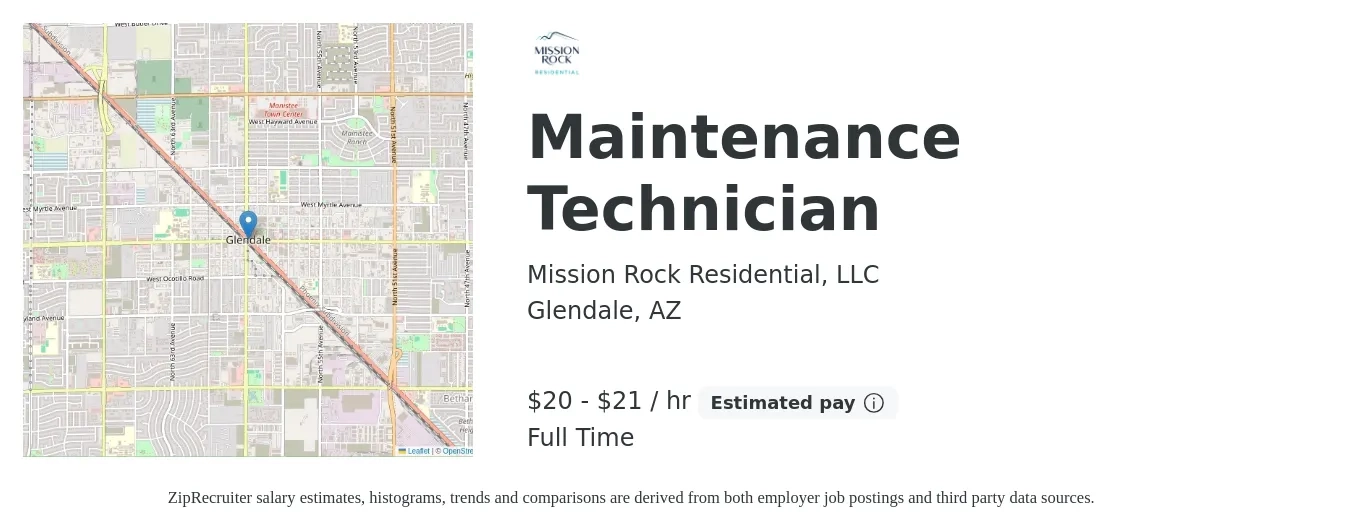Mission Rock Residential, LLC job posting for a Maintenance Technician in Glendale, AZ with a salary of $21 to $22 Hourly with a map of Glendale location.