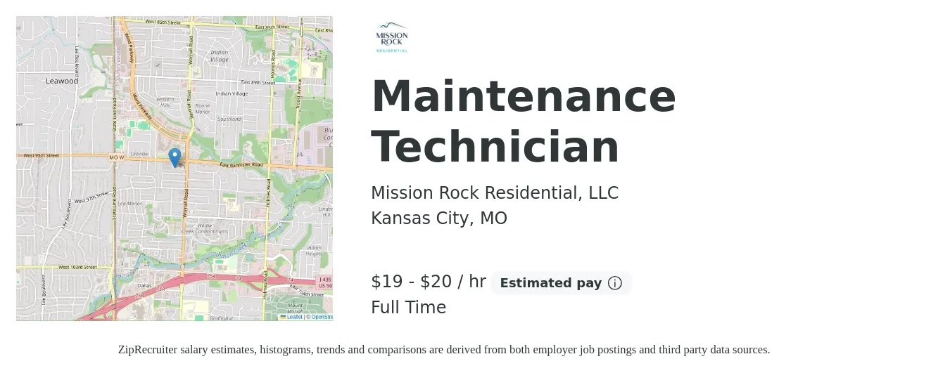 Mission Rock Residential, LLC job posting for a Maintenance Technician in Kansas City, MO with a salary of $20 to $22 Hourly with a map of Kansas City location.