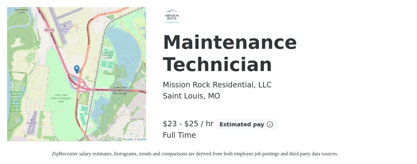 Mission Rock Residential, LLC job posting for a Maintenance Technician in Saint Louis, MO with a salary of $24 to $26 Hourly with a map of Saint Louis location.