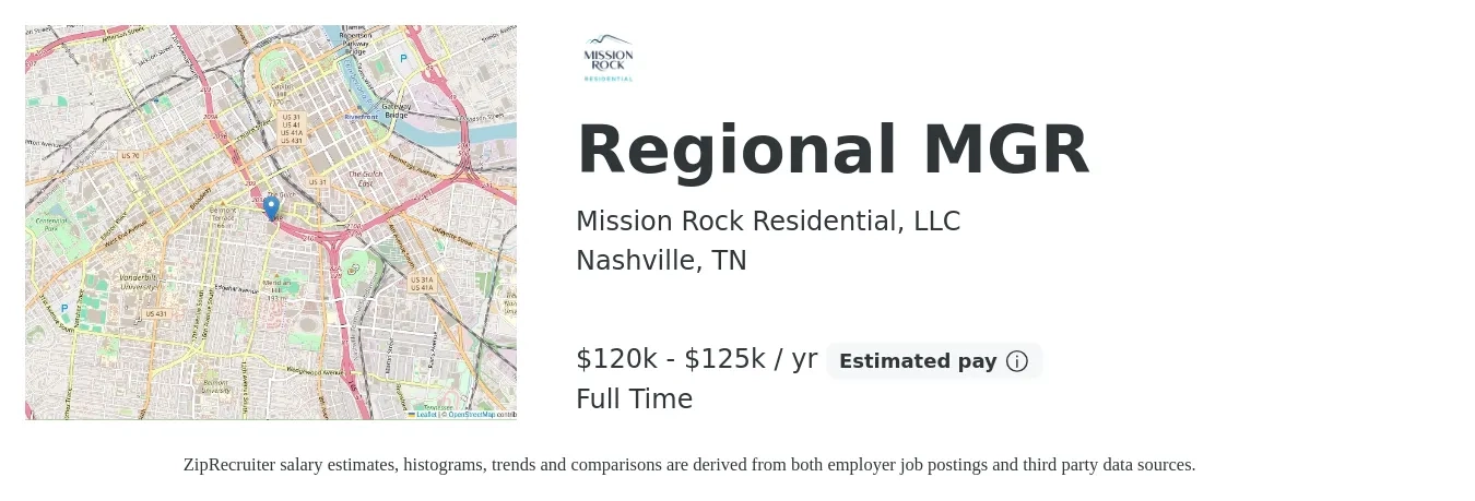 Mission Rock Residential, LLC job posting for a Regional MGR in Nashville, TN with a salary of $120,000 to $125,000 Yearly with a map of Nashville location.