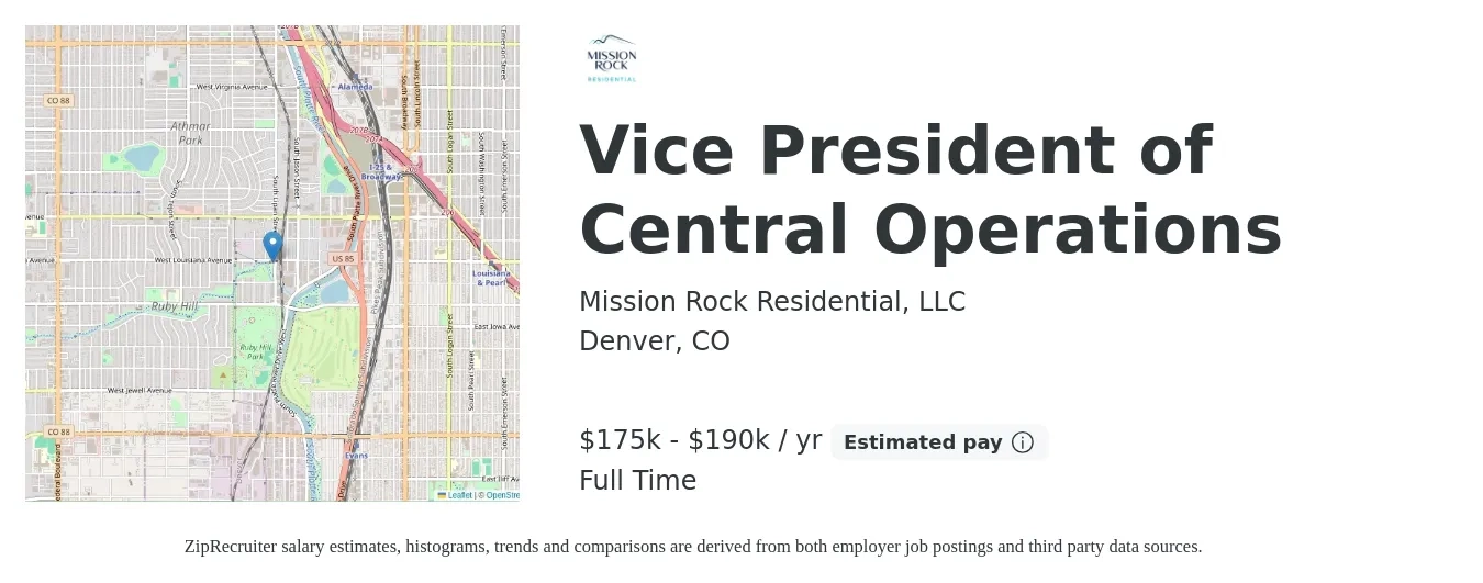 Mission Rock Residential, LLC job posting for a Vice President of Central Operations in Denver, CO with a salary of $175,000 to $190,000 Yearly with a map of Denver location.