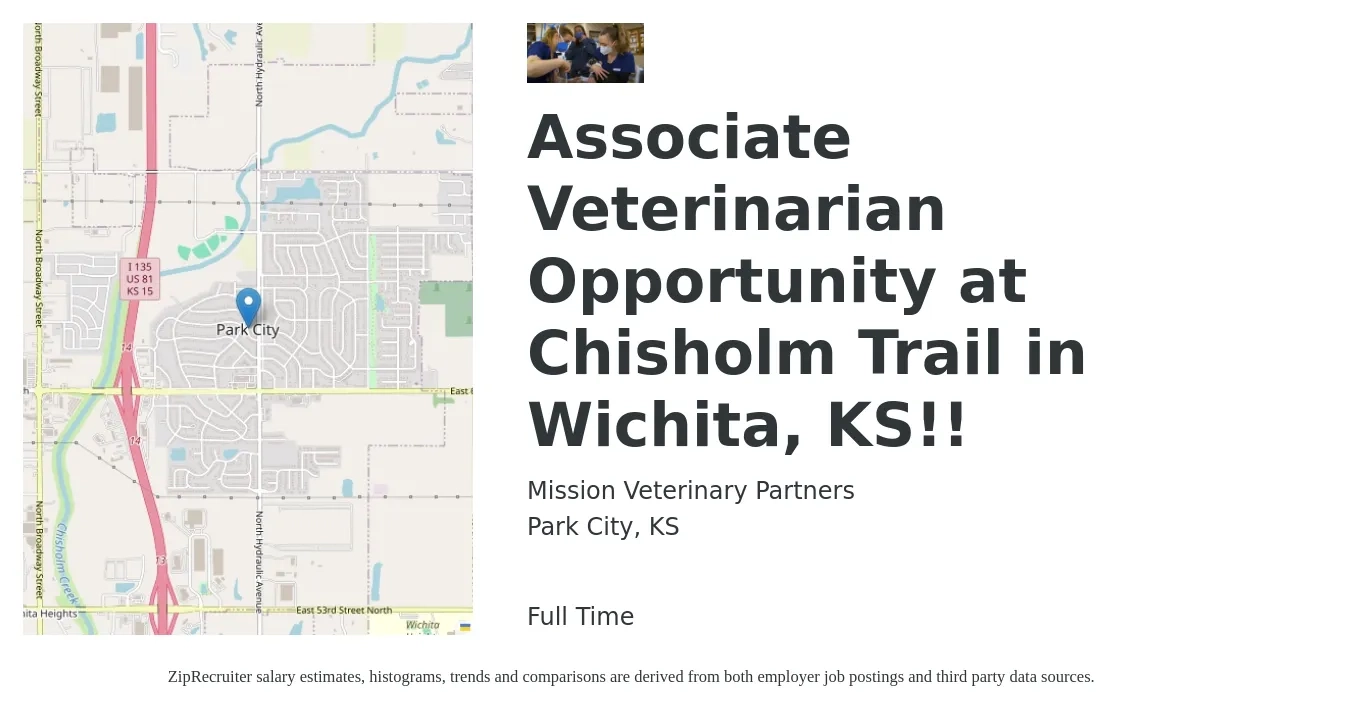 Mission Veterinary Partners job posting for a Associate Veterinarian Opportunity at Chisholm Trail in Wichita, KS!! in Park City, KS with a salary of $100,300 to $161,900 Yearly with a map of Park City location.