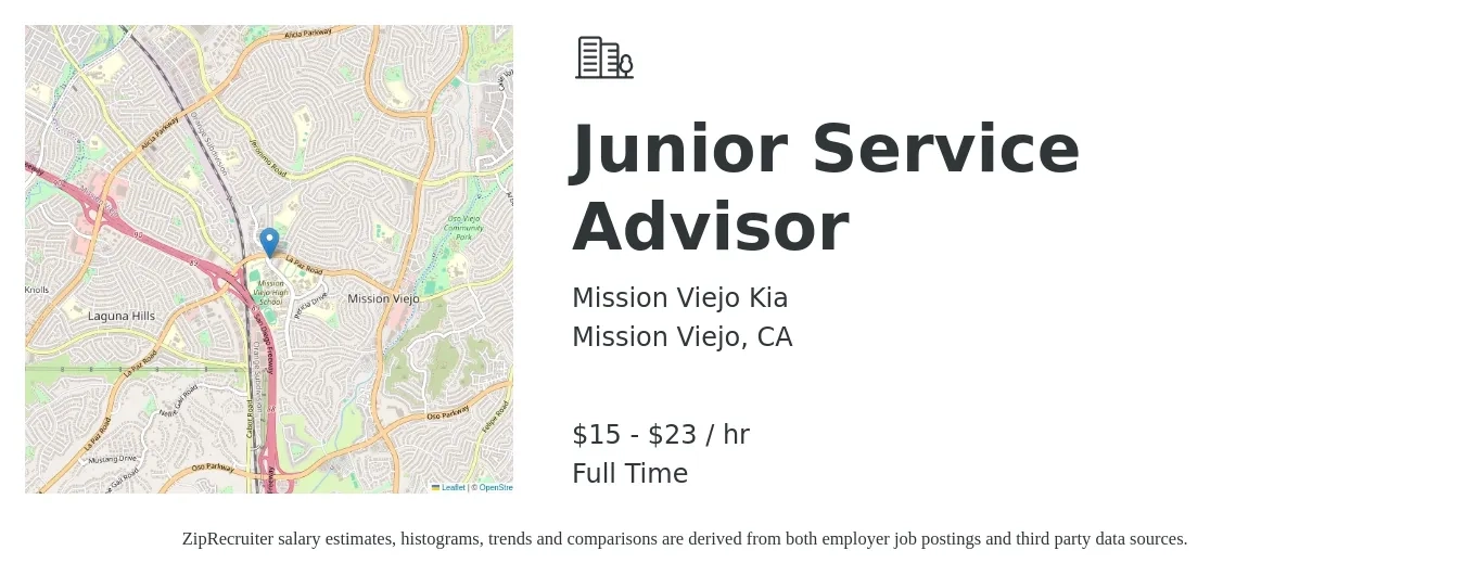 Mission Viejo Kia job posting for a Junior Service Advisor in Mission Viejo, CA with a salary of $16 to $24 Hourly with a map of Mission Viejo location.