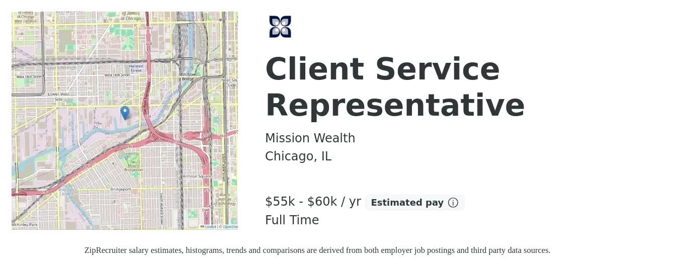 Mission Wealth job posting for a Client Service Representative in Chicago, IL with a salary of $55,000 to $60,000 Yearly with a map of Chicago location.
