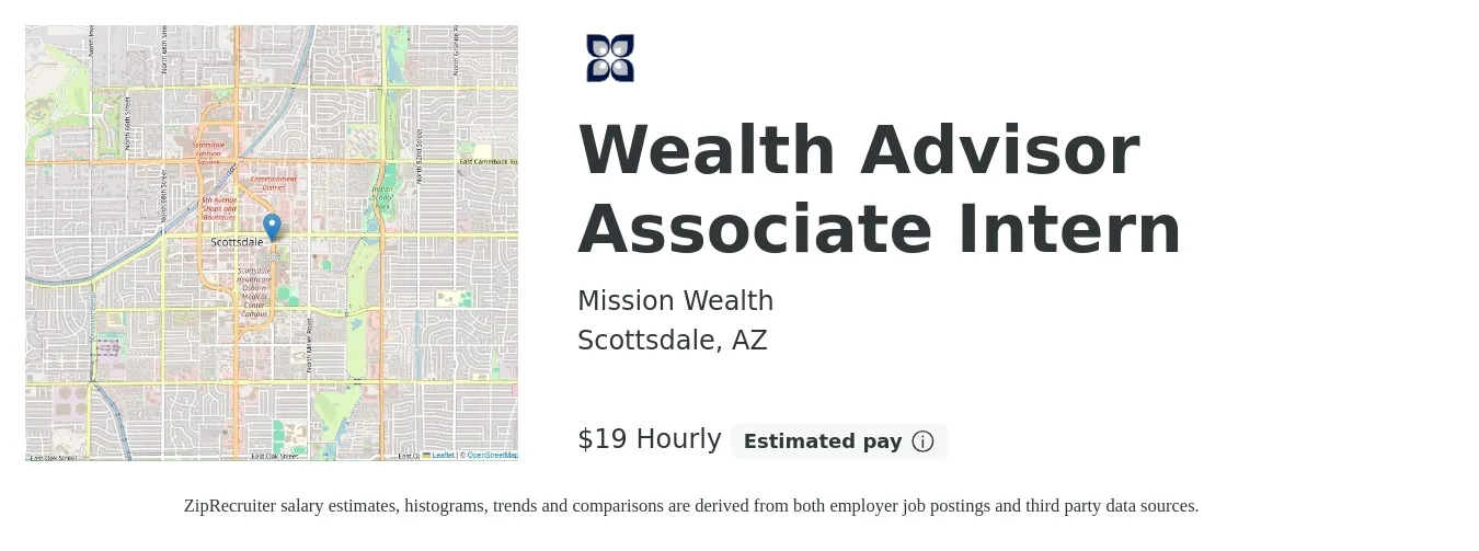 Mission Wealth job posting for a Wealth Advisor Associate Intern in Scottsdale, AZ with a salary of $20 Hourly with a map of Scottsdale location.