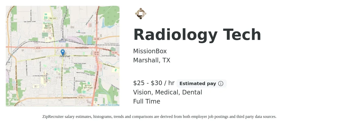 MissionBox job posting for a Radiology Tech in Marshall, TX with a salary of $26 to $32 Hourly and benefits including vision, dental, life_insurance, medical, pto, and retirement with a map of Marshall location.
